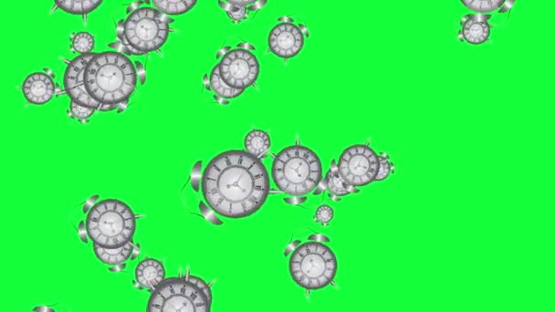 アニメーション漫画ヴィンテージ古いスタイルの時計のグループ 緑の画面クロマキーの背景 シームレスなループ — ストック動画