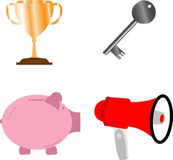 İş başarısı unsurları, anahtar ödül kupası, domuz kumbarası ve megafon takımı