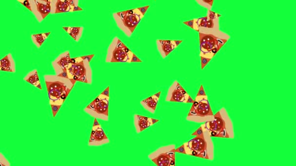 緑の画面上のピザ落下アニメーション要素のスライスクロマキー — ストック動画