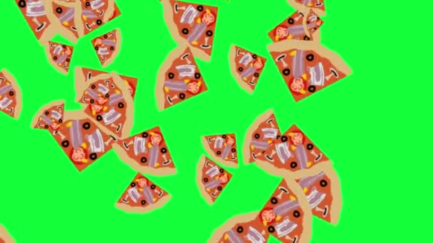 Scheiben Von Pizza Fallen Animationselemente Auf Grünem Bildschirm Chroma Taste — Stockvideo