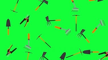 Çalışan bahçe araçları elementler düşme animasyon, yeşil ekran kroma anahtar üzerinde pürüzsüz döngü