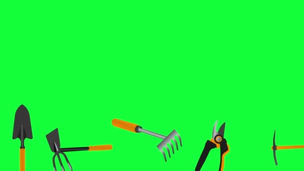 Çalışan Bahçe Araçları Elementleri Animasyon Yeşil Ekran Kroma Anahtarı Üzerinde — Stok video