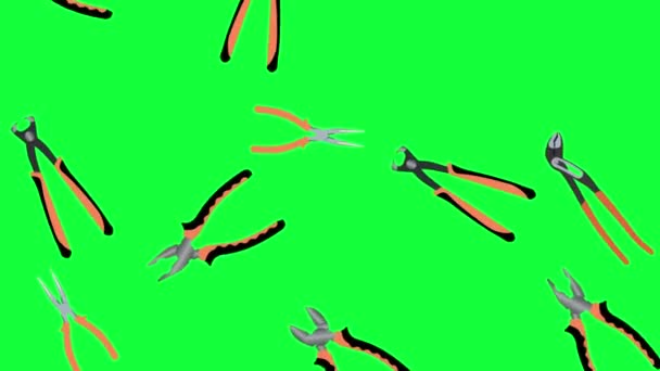 Рабочие Плоскогубцы Инструменты Элементы Падающие Анимации Зеленом Экране Хрома Ключ — стоковое видео