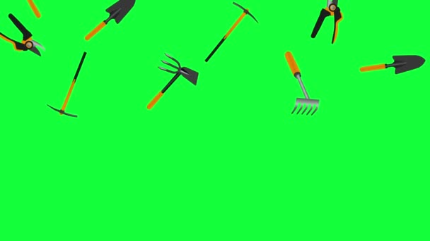 Working Gardening Tools Elements Falling Animation Green Screen Chroma Key — Stock Video