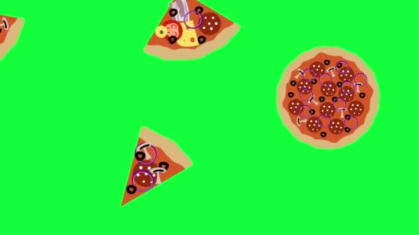 ピザやスライスのアニメーション要素のシームレスなループ 緑の画面クロマキー上 — ストック動画