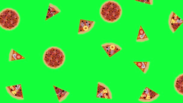 ピザやスライスのアニメーション要素のシームレスなループ 緑の画面クロマキー上 — ストック動画