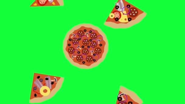 ピザとスライスのアニメーション要素 シームレスなループ 緑の画面上のクロマキー — ストック動画
