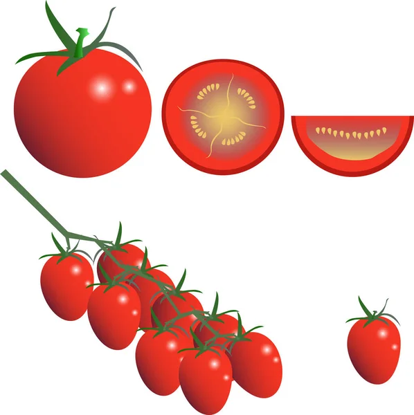 Tomaten Und Scheiben Von Tomaten Grafik Illustrationsgruppe Set Flache Bunte — Stockvektor