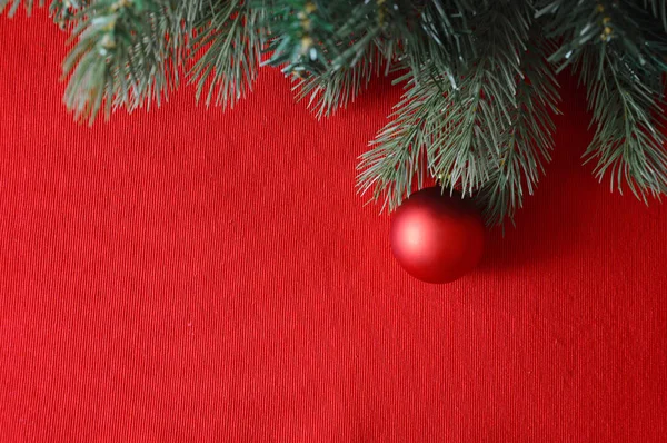 Sparren Groene Takken Een Rode Achtergrond Rode Bal Kerstspeelgoed Gelukkig — Stockfoto