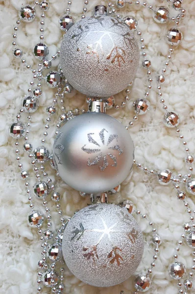 Decor Happy Christmas New Year Silver Color Christmas Balls Beads — Stock Photo, Image