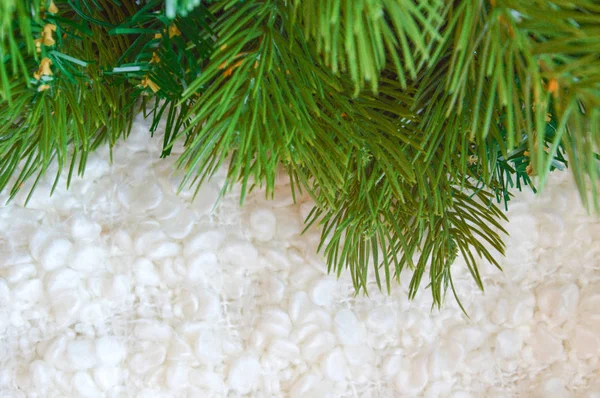 Green branches of a Christmas tree on a white background. Merry Christmas and happy New year. Background for decoration of holiday greetings. Winter holiday.