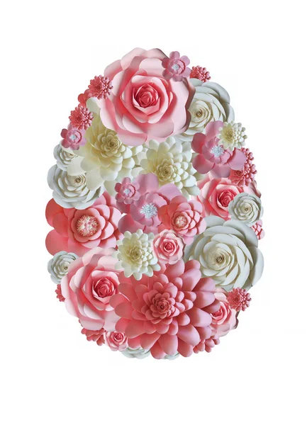 复活节彩蛋 纸花制成 背景为白色 粉红色和白色人造花卉 — 图库照片