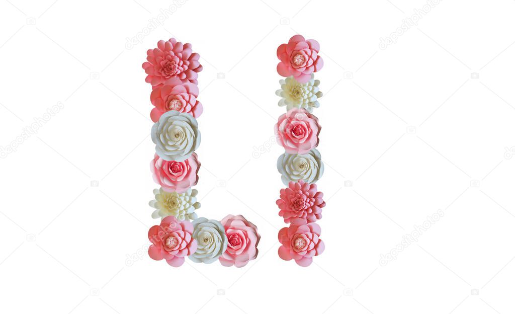 Alphabet of paper flowers. Letters on a white background. Pink and white flowers.