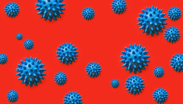 a virus cell. coronavirus, covid 19, blue ball on a red background.