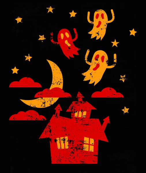 月と飛んで幽霊のレトロなハロウィーンの家夜空の背景 — ストックベクタ