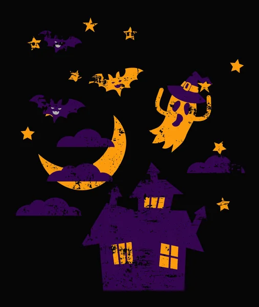 Halloween hus natt himmel bakgrund med måne och flygande spöken och fladdermöss — Stock vektor