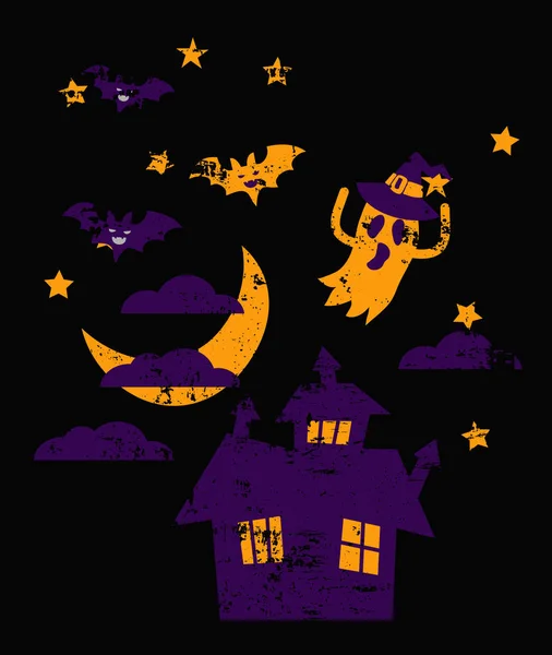 Halloween house night sky background with moon and flying ghosts and bats — стоковый вектор