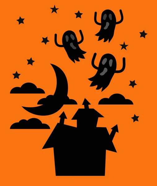 Silhouette halloween hus natt himmel bakgrund med måne och flygande spöken på orange bakgrund — Stock vektor