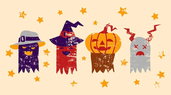 Cartão de Halloween com monstros, fantasmas, aranha, abóbora e morcego — Vetor de Stock