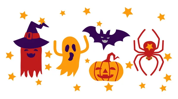 Halloween karta s příšery, duchové, spider, dýně a bat — Stockový vektor