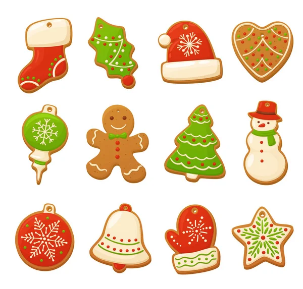 卡通姜饼饼干庆祝设计。 圣诞矢量元素，例如插图，卡片，横幅和节日背景。 美味的自制饼干. — 图库矢量图片