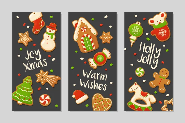 Biscoitos de gengibre de desenhos animados para design de celebração. Merry Christmas vector banners. Deliciosos doces caseiros . — Vetor de Stock
