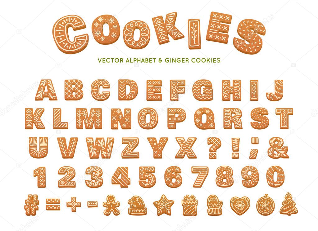 Gingerbread alphabet for decoration design. Christmas vector illustration. Sweet dessert. Winter holiday elements, ginger cookies