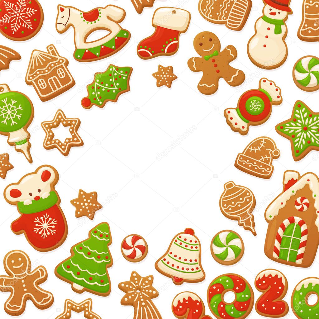 Cartoon gingerbread cookies for celebration design. Merry Christmas vector backgrounds. Delicious homemade pastries.