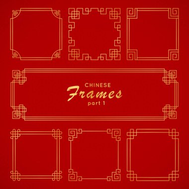 Asyalı çerçeve, kırmızı arka planda klasik tarzda ayarlanmış. Dizaynınız için geleneksel Çin süsleri. Vektör altın Japon deseni.