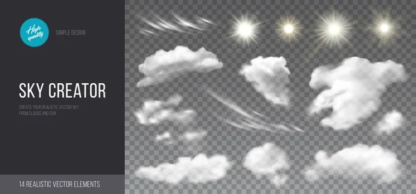 Lucht schepper. Realistische set van wolken en zon. Vectorontwerpelementen. — Stockvector