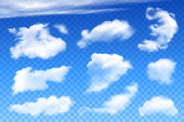 Realistic clouds on blue transparent background. Vector design elements for creating sky cards, poster or banners.
