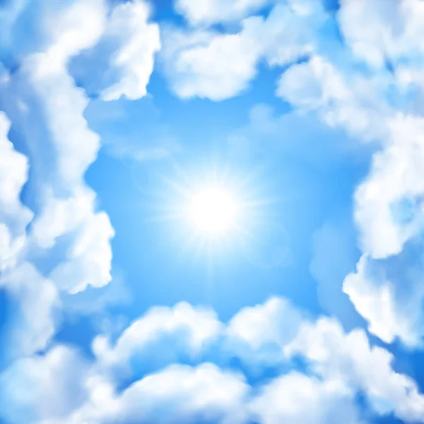 Fondo cielo azul con nubes blancas y sol. Efecto real nublado . — Vector de stock