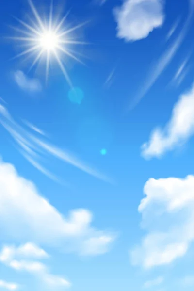 Langit biru latar belakang dengan awan putih dan matahari. Efek mendung realistis . - Stok Vektor