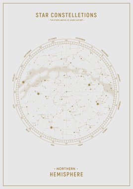 Kuzey yarımküre. Vektör takımyıldızlarının yüksek detaylı yıldız haritası.