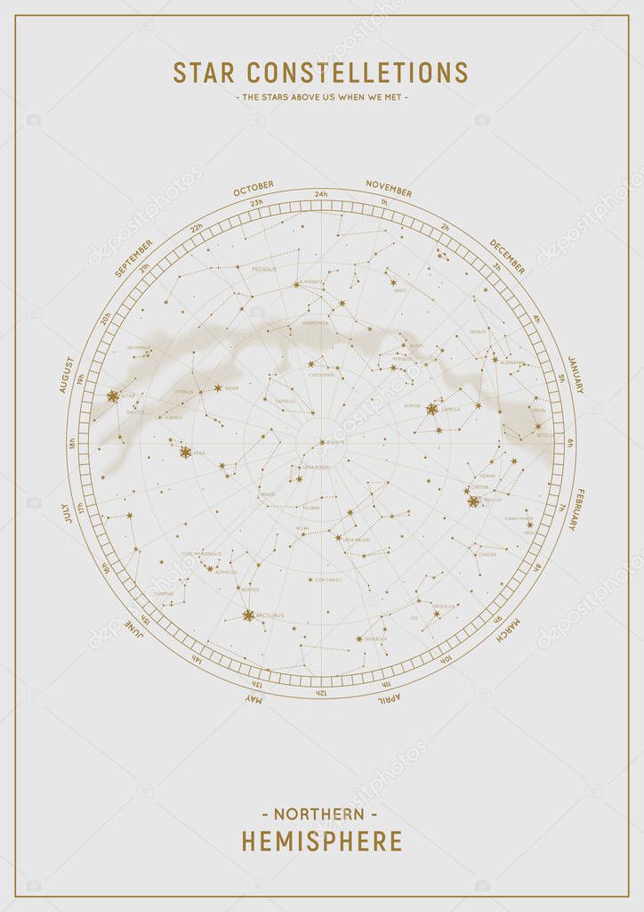 Northern hemisphere. High detailed star map of vector constellations.