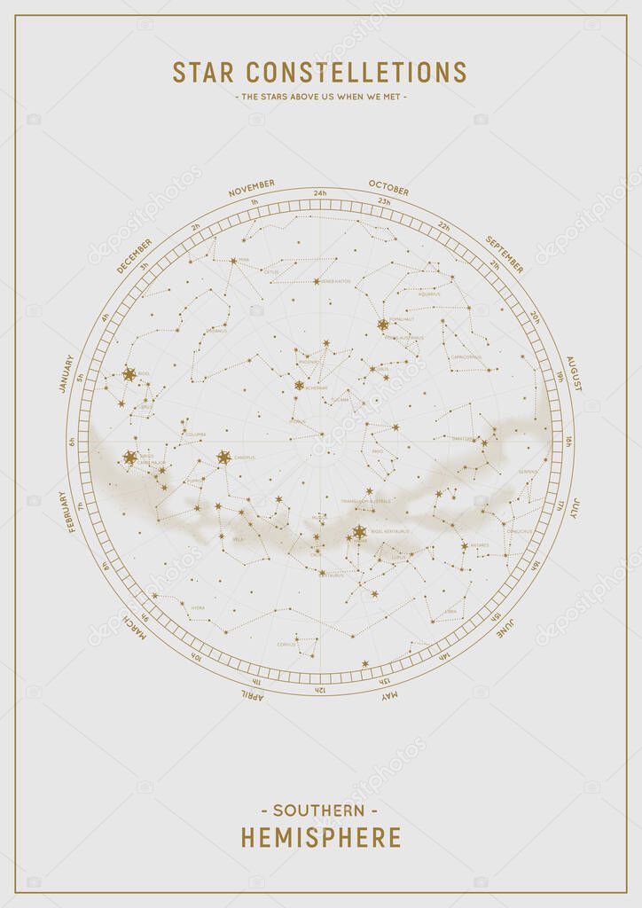 Southern hemisphere. Star map of vector constellations.