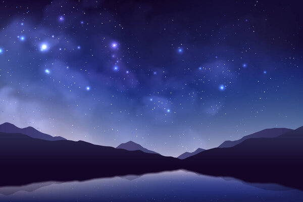 Cosmos background with realistic stardust, nebula, shining stars, mountains and lake.