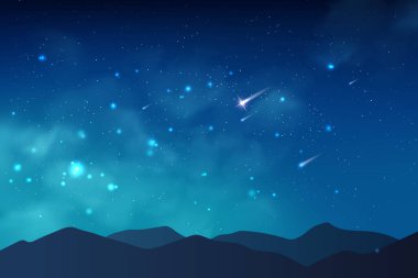 Cosmos background with realistic stardust, nebula, shining stars and mountains.
