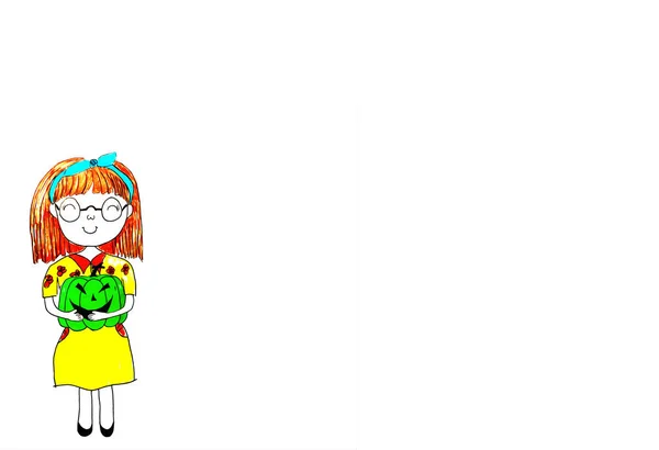 Zeichnung Cartoon Figur Einer Frau Mit Kürbis — Stockfoto