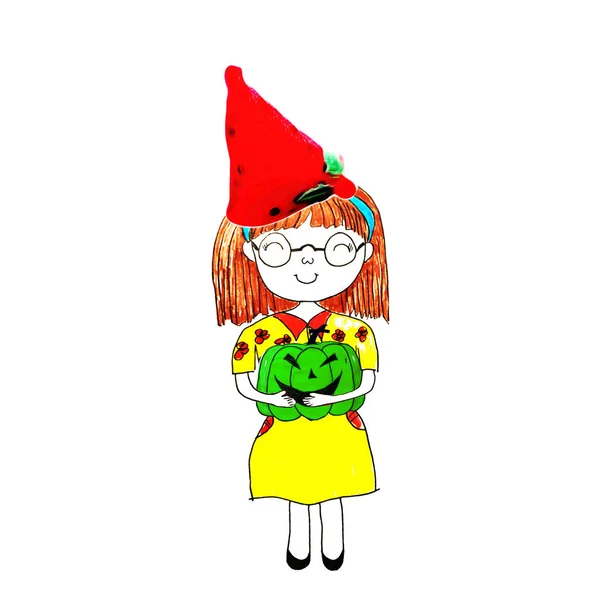 Drawing cartoon character of woman with pumpkin