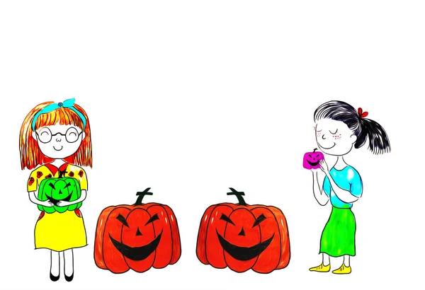 Dessin Personnages Dessins Animés Femmes Avec Des Citrouilles — Photo