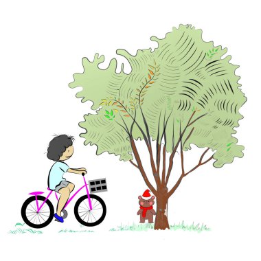 Girl riding bike in park on white background, copy space for your text design. Creative with illustration progress.
