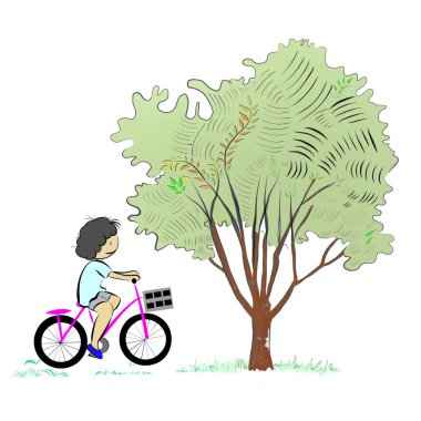 Girl riding bike in park on white background, copy space for your text design. Creative with illustration progress.