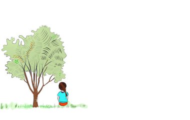 girl under tree on white background, copy space for your text design. Creative with illustration progress.