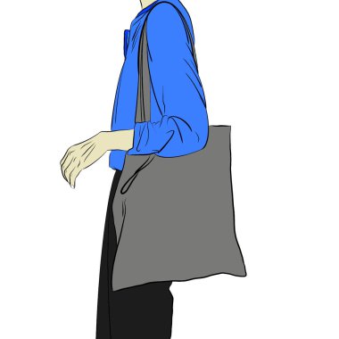 Doğal pamuk çanta, bez çanta taşıyan çizgi film karakterinin el çizimi, alışveriş yaparken plastik poşet miktarını azaltmak, illüstrasyon ilerlerken yaratıcı olmak. Küresel ısınmayı azaltmak için yeniden kullanım kavramını kabul edin..