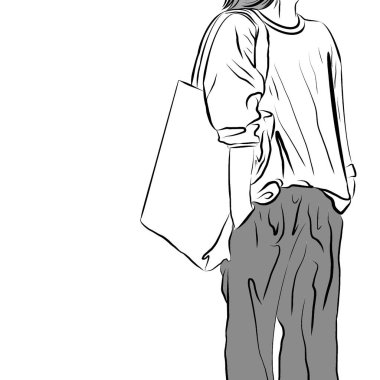 Doğal pamuk çanta, bez çanta taşıyan çizgi film karakterinin el çizimi, alışveriş yaparken plastik poşet miktarını azaltmak, illüstrasyon ilerlerken yaratıcı olmak. Küresel ısınmayı azaltmak için yeniden kullanım kavramını kabul edin..