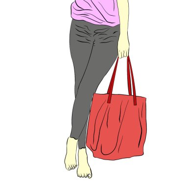 Doğal pamuk çanta, bez çanta taşıyan çizgi film karakterinin el çizimi, alışveriş yaparken plastik poşet miktarını azaltmak, illüstrasyon ilerlerken yaratıcı olmak. Küresel ısınmayı azaltmak için yeniden kullanım kavramını kabul edin..