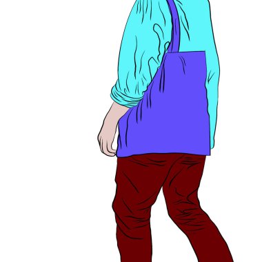 Doğal pamuk çanta, bez çanta taşıyan çizgi film karakterinin el çizimi, alışveriş yaparken plastik poşet miktarını azaltmak, illüstrasyon ilerlerken yaratıcı olmak. Küresel ısınmayı azaltmak için yeniden kullanım kavramını kabul edin..