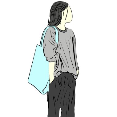 Doğal pamuk çanta, bez çanta taşıyan çizgi film karakterinin el çizimi, alışveriş yaparken plastik poşet miktarını azaltmak, illüstrasyon ilerlerken yaratıcı olmak. Küresel ısınmayı azaltmak için yeniden kullanım kavramını kabul edin..