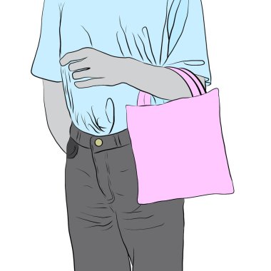 Doğal pamuk çanta, bez çanta taşıyan çizgi film karakterinin el çizimi, alışveriş yaparken plastik poşet miktarını azaltmak, illüstrasyon ilerlerken yaratıcı olmak. Küresel ısınmayı azaltmak için yeniden kullanım kavramını kabul edin..